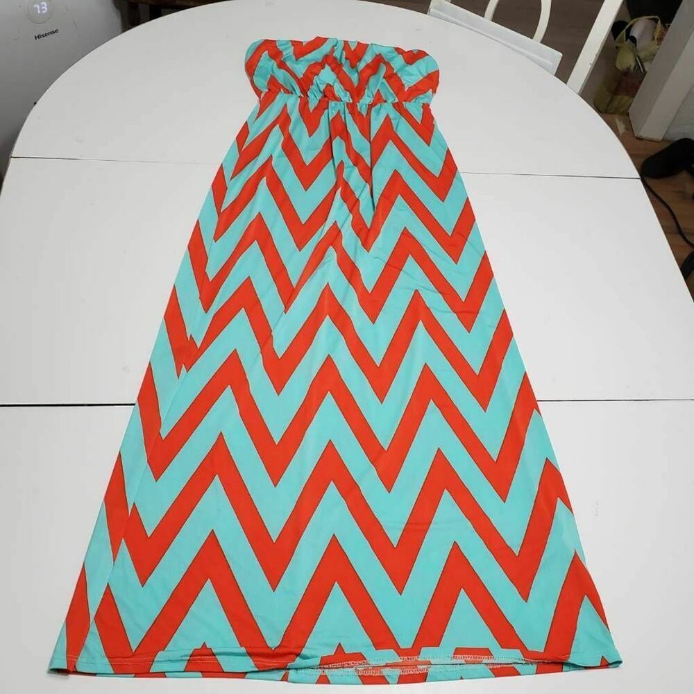 Fashionomics Womens Fit & Flare Dress Orange Blue Chevron Strapless Stretch M